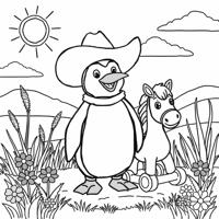 A Penguin With A Cowboy Hat And A Toy Horse Coloring Page