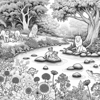 A Scene Of A Beautiful Garden With A Creek Running... Coloring Page