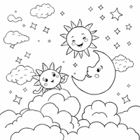 A Sun And Moon With Stars Coloring Page