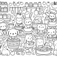 Cute Animals Cooking Coloring Page