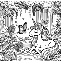 Unicorn With Butterfly In The Rain Forest Coloring Page