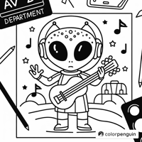 Alien Musician With AV Department Sign Coloring Page
