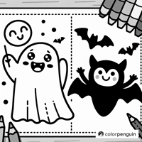Cheerful Ghost And Friendly Bat Coloring Page