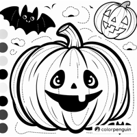 Happy Pumpkin And Playful Bat Coloring Page