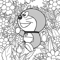 Curious Doraemon In The Flower Garden Coloring Page
