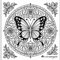 Butterfly Mandala With Roses Coloring Page