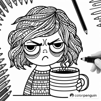 Grumpy Girl With Coffee Coloring Page
