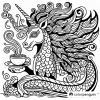 Magical Dragon Unicorn Enjoying Coffee Coloring Page