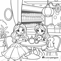 Three Little Princesses Having A Tea Party Coloring Page