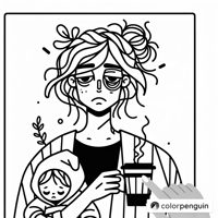Tired Mom With Coffee And Messy Hair Coloring Page