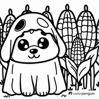 Dog In A Ghost Costume In A Corn Field Coloring Page