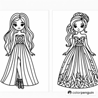 Girls With Long Hair And Elegant Dresses Coloring Page