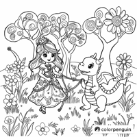 Little Princess And Her Friendly Dragon Coloring Page