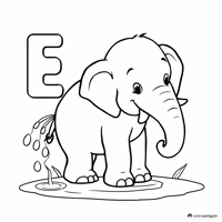 E For Elephant Spraying Water Coloring Page