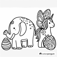 Elephant Unicorn Butterfly Friends Coloring Page