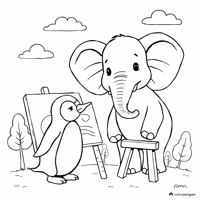 Penguin Painting An Elephant Coloring Page
