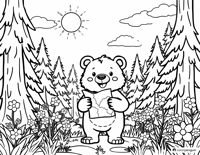 Cheerful Bear Cub In A Vibrant Forest Coloring Page