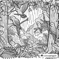 Green Cheek Conures In A Rainy Forest Coloring Page