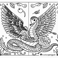 Magical Green Snake With Wings And A Salad Coloring Page
