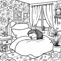 Cozy Cottagecore Bedroom With Hedgehog Coloring Page