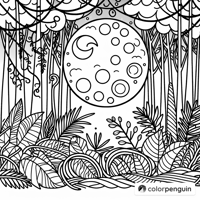 Mystical Jungle Under The Moon Coloring Page