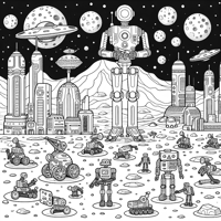 Robots Building A Colony On A Moon Coloring Page
