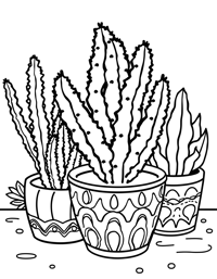 Potted Cactus And Plants Coloring Page