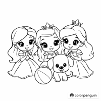 Three Princesses Playing With A Puppy Coloring Page