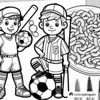 Soccer And Baseball Fun With Macaroni And Cheese Coloring Page