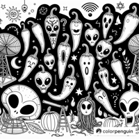 Spooky Chili Peppers With Alien Faces Coloring Page