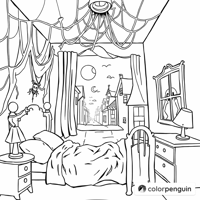 Spooky Town Bedroom Coloring Page