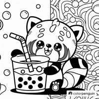 Cheerful Red Panda With Boba Tea Coloring Page