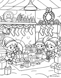 Chibi Christmas Elves In Their Workshop Coloring Page