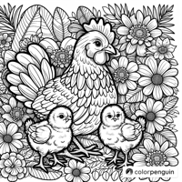 Chicken And Two Chicks In A Flower Garden Coloring Page