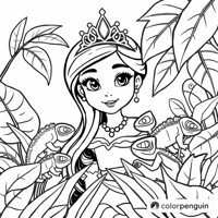 Princess And Chameleons In The Jungle Coloring Page