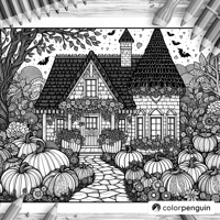 Cozy Witch Cottage In Fall With Pumpkins Coloring Page