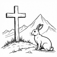 A Picture Of A Cross And A Mountain With A Rabbit Coloring Page