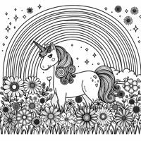 Field Of Flowers With A Rainbow And Unicorn Coloring Page