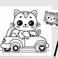 Cat Driving A Small Car Coloring Page