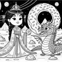 Princess With A Dragon And A Doughnut On The Moon Coloring Page