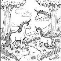 A Magical Landscape With Unicorns And Dragons Coloring Page