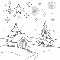 A Snowy Village With A Small House A Pine Tree And... Coloring Page