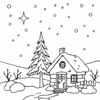 A Snowy Village With A Small House A Pine Tree And... Coloring Page
