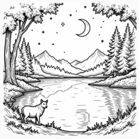 An Enigmatic Night Scene Featuring A Serene Lake... Coloring Page