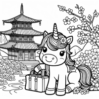 A Unicorn Is On Vacation In Asia Coloring Page