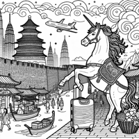 A Unicorn Is On Vacation In Asia Coloring Page