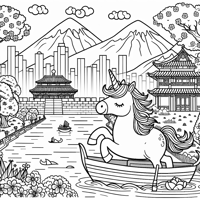 A Unicorn Is On Vacation In Asia Coloring Page