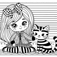 A Girl With A Cat Coloring Page