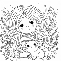 A Girl With A Cat Coloring Page