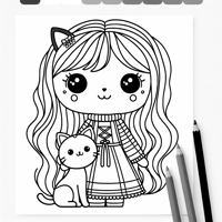 A Girl With A Cat Coloring Page